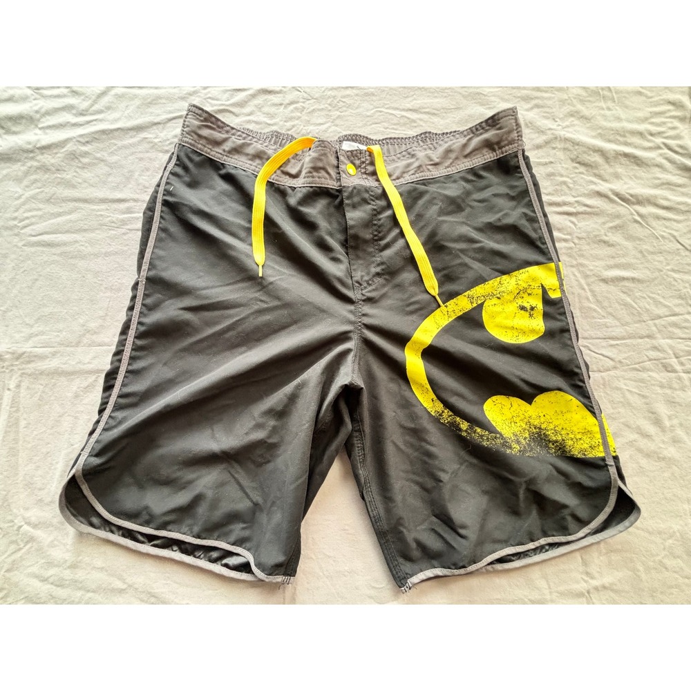 Batman DC Comics Board Shorts Mens XL Black Yellow Distressed Logo Swim Trunks